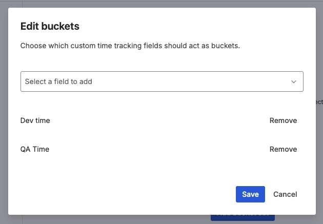 Bucket set configuration screen with Dev Estimate and QA Estimate selected
